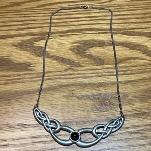 St. Justin Signed Celtic Knot Pewter Necklace with Black Stone